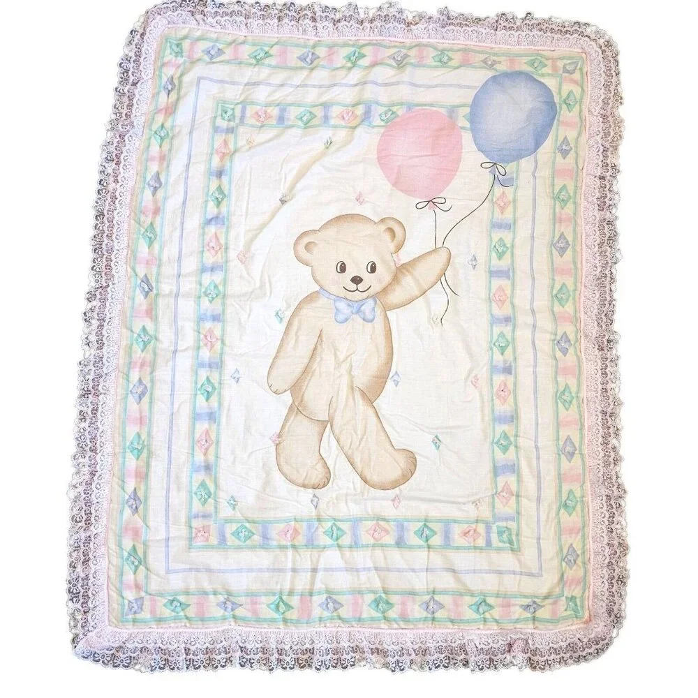 Vintage Baby Girl Quilt Blanket Lace Edge‎ Teddy Bear Balloons Hand Stitched